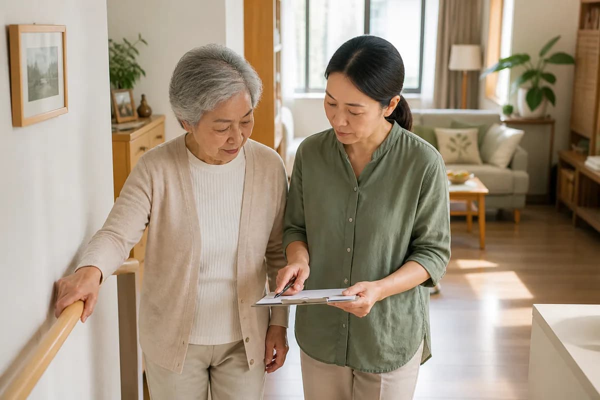 照护人员与长辈一起检查居家安全