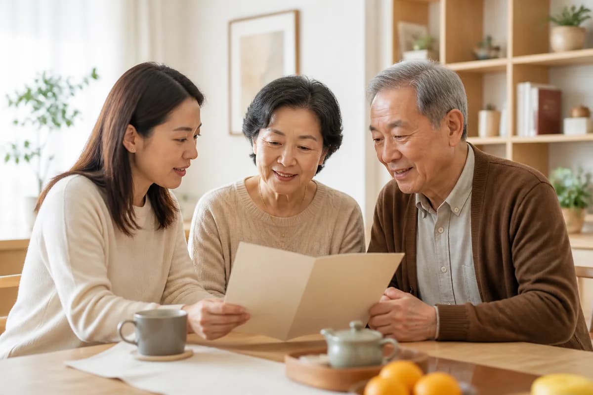 长辈与家人在家中一起了解养老服务信息
